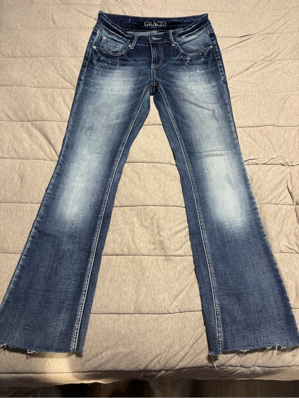 GRACE Faded Blue Rhinestone-Accent Flare Jeans